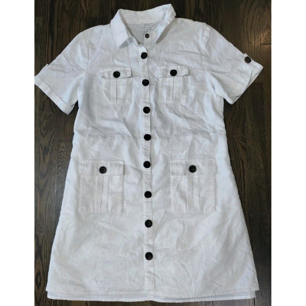 C Est 1946 Linen Blend Dress NWT Size L White Short Sleeve Button Down Midi